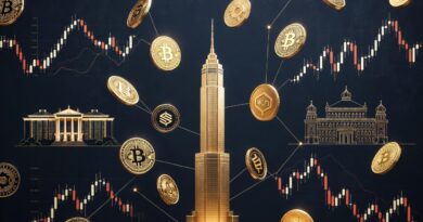 Trump crypto empire illustration with golden tower crypto coins and blockchain connections