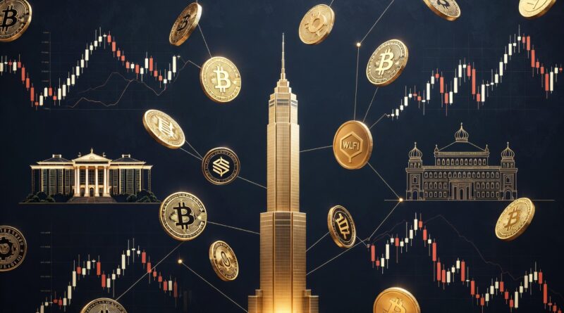 Trump crypto empire illustration with golden tower crypto coins and blockchain connections