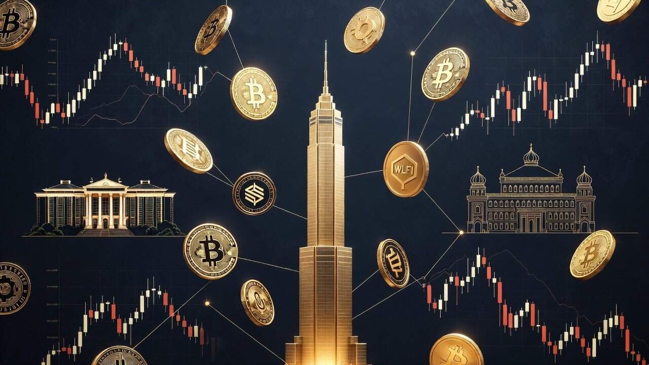 Trump crypto empire illustration with golden tower crypto coins and blockchain connections