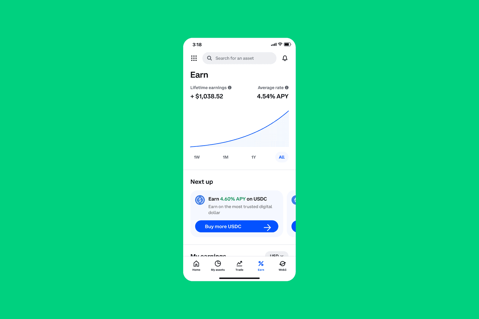 Coinbase mobile app Earn screen showing $1,038 lifetime earnings and 4.54% average APY staking rate