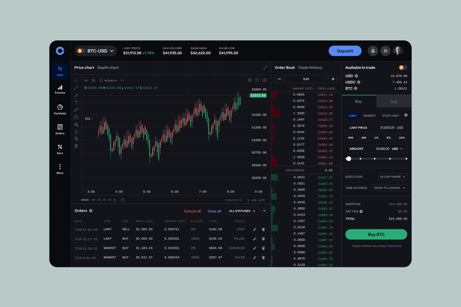 Coinbase Advanced Trade interface showing BTC-USD candlestick chart, order book, and trade execution panel