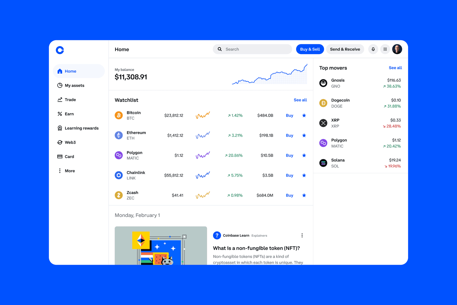 Coinbase web dashboard showing portfolio balance, watchlist with Bitcoin and Ethereum prices, and top movers section
