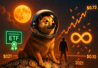 Shiba Inu dog in space helmet on Dogecoin pile with Elon Musk silhouette ETF certificate and unlimited supply symbol