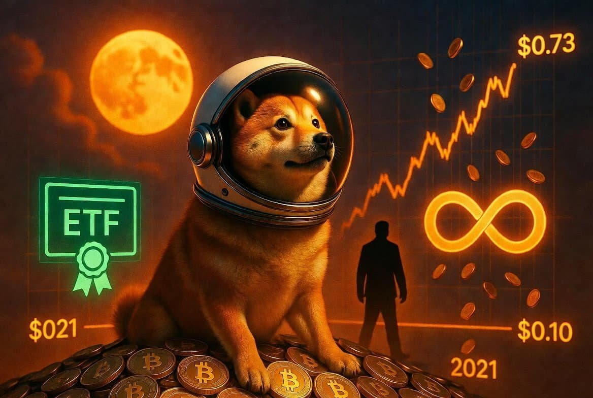 Shiba Inu dog in space helmet on Dogecoin pile with Elon Musk silhouette ETF certificate and unlimited supply symbol