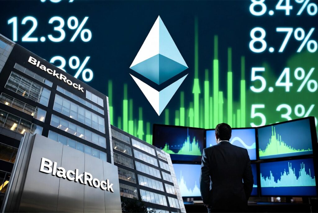 BlackRock building with Ethereum logo and staking yield data on green financial charts background