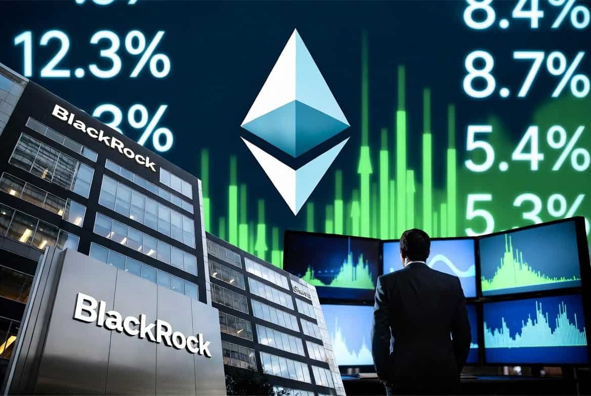 BlackRock building with Ethereum logo and staking yield data on green financial charts background