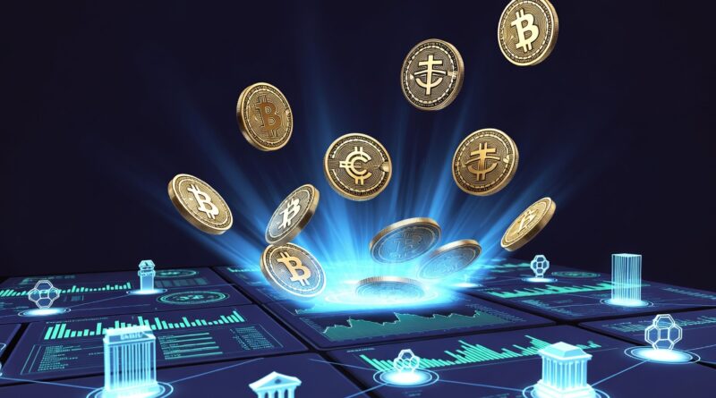 Stablecoin market digital dollars illustration with crypto coins and financial dashboard