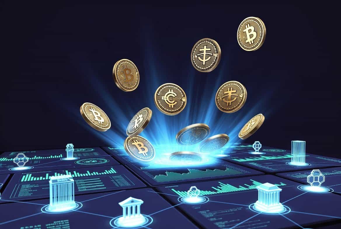 Stablecoin market digital dollars illustration with crypto coins and financial dashboard