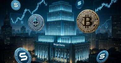 Morgan Stanley building with Bitcoin Solana and Ethereum crypto coins illustration