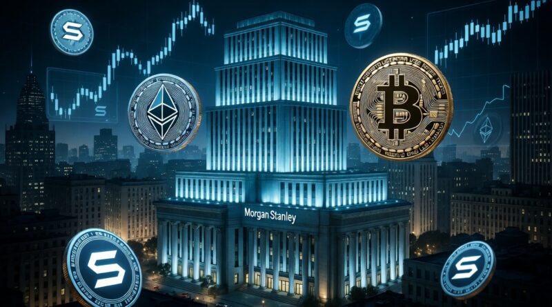 Morgan Stanley building with Bitcoin Solana and Ethereum crypto coins illustration