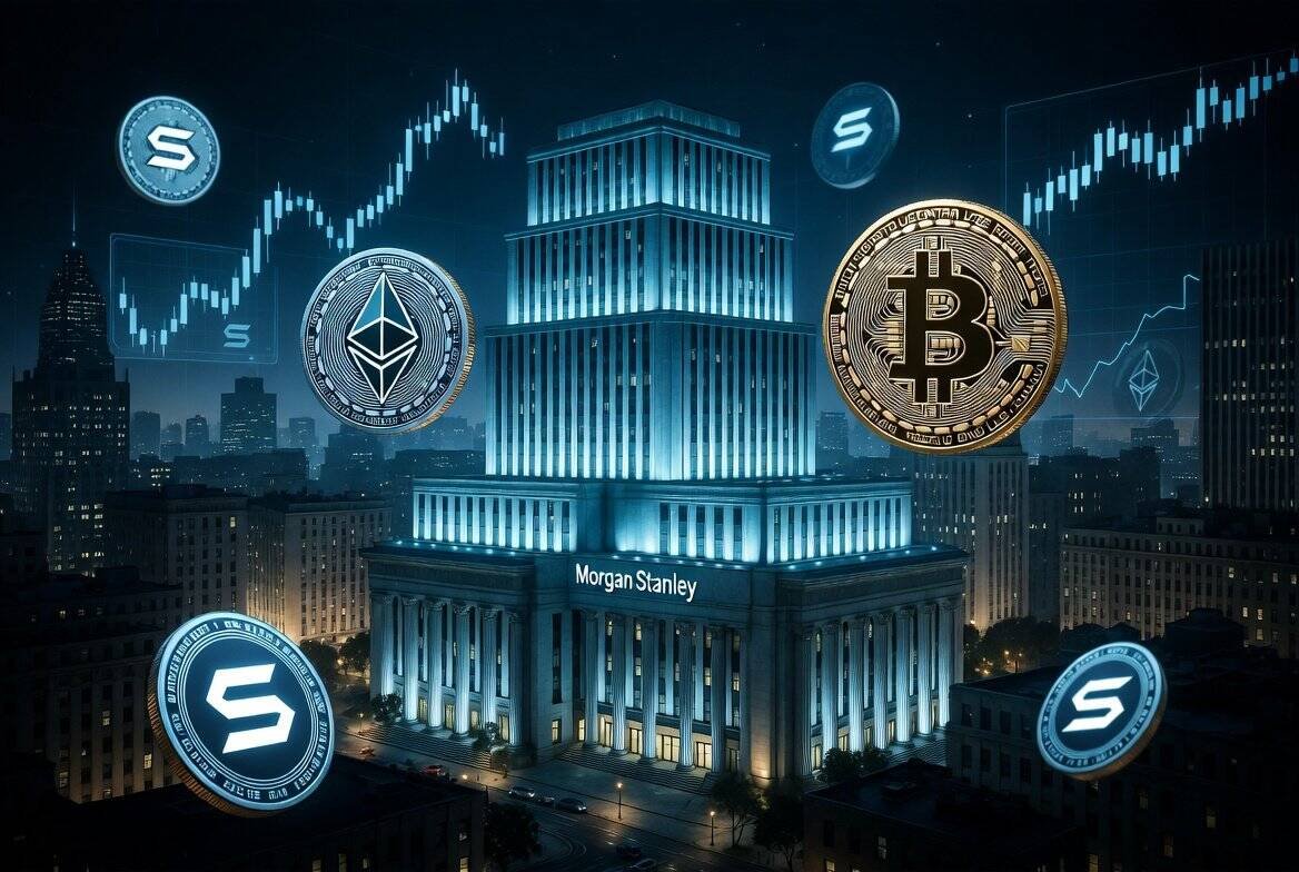 Morgan Stanley building with Bitcoin Solana and Ethereum crypto coins illustration