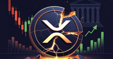 XRP coin cracking under pressure with Wall Street bank silhouette and price charts