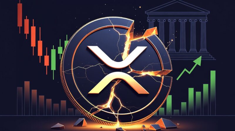 XRP coin cracking under pressure with Wall Street bank silhouette and price charts