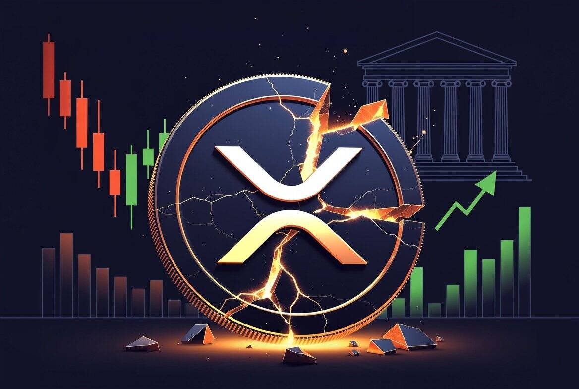 XRP coin cracking under pressure with Wall Street bank silhouette and price charts