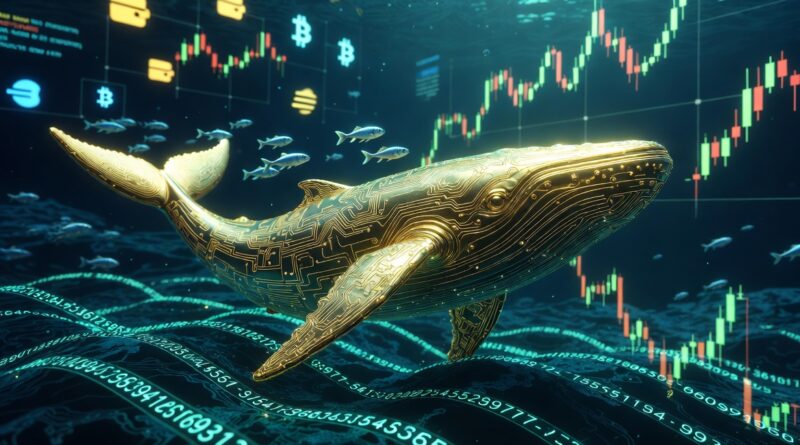 Digital whale swimming through blockchain data streams representing crypto whale tracking