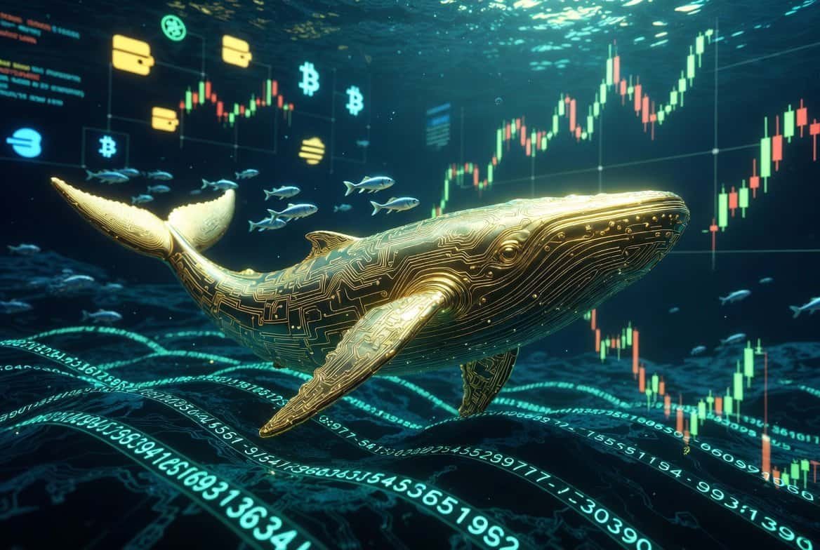 Digital whale swimming through blockchain data streams representing crypto whale tracking