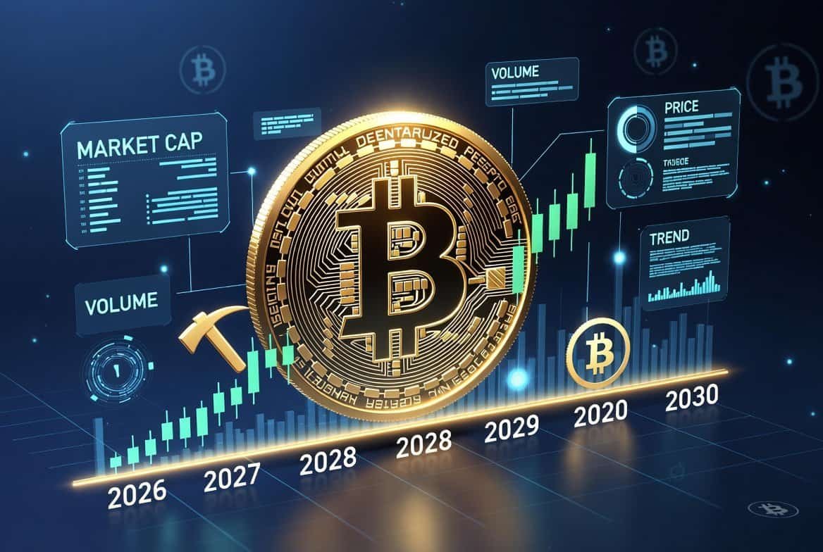 Bitcoin price prediction 2026 2027 2028 2029 2030 with BTC coin and upward trending chart