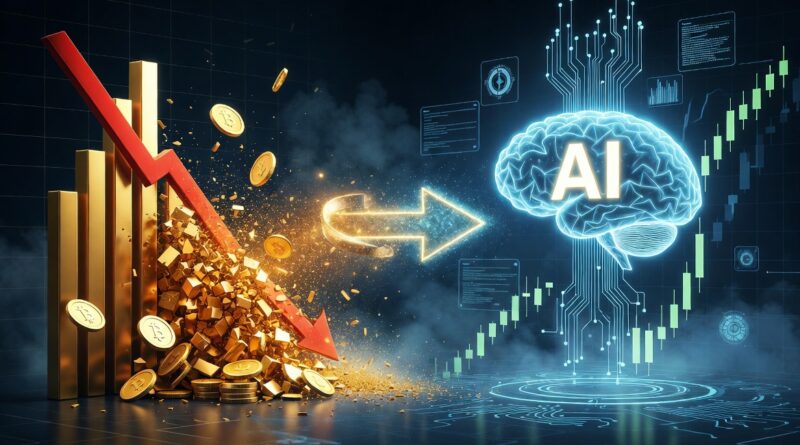 Gold crashing with red arrow while AI brain surges with green charts illustrating the great crypto rotation
