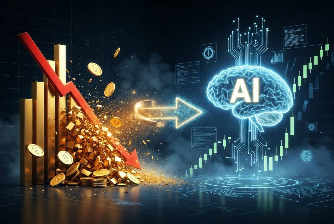Gold crashing with red arrow while AI brain surges with green charts illustrating the great crypto rotation