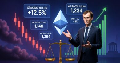 Vitalik Buterin with Ethereum logo staking yields validator count and DeFi TVL data