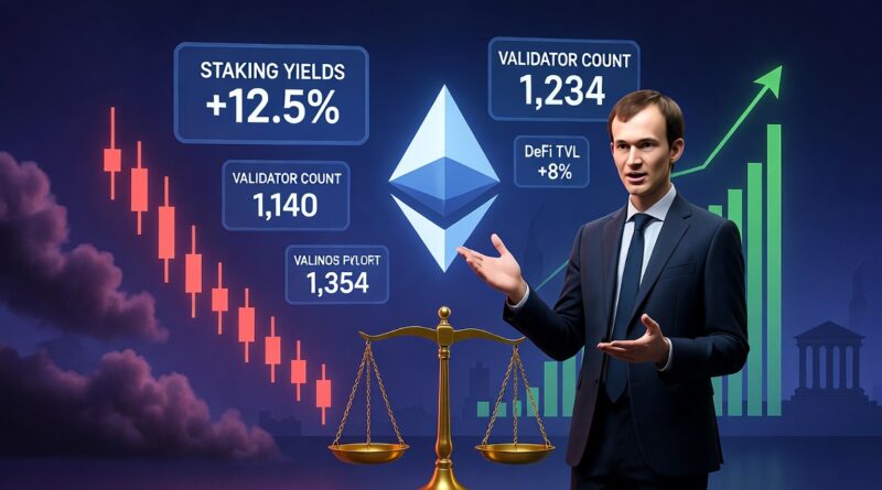 Vitalik Buterin with Ethereum logo staking yields validator count and DeFi TVL data