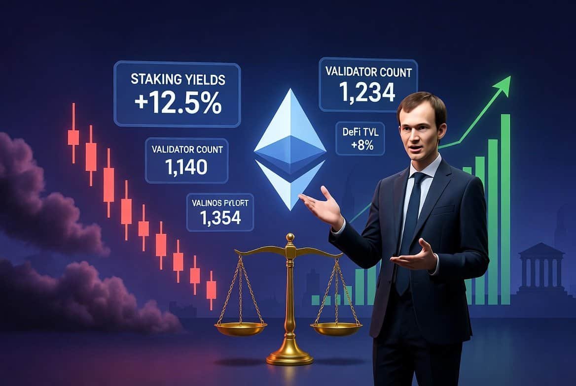 Vitalik Buterin with Ethereum logo staking yields validator count and DeFi TVL data