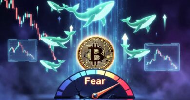 Bitcoin whale accumulation vs extreme fear - whales swimming upward around Bitcoin coin above a cracking Fear gauge