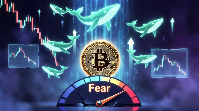 Bitcoin whale accumulation vs extreme fear - whales swimming upward around Bitcoin coin above a cracking Fear gauge