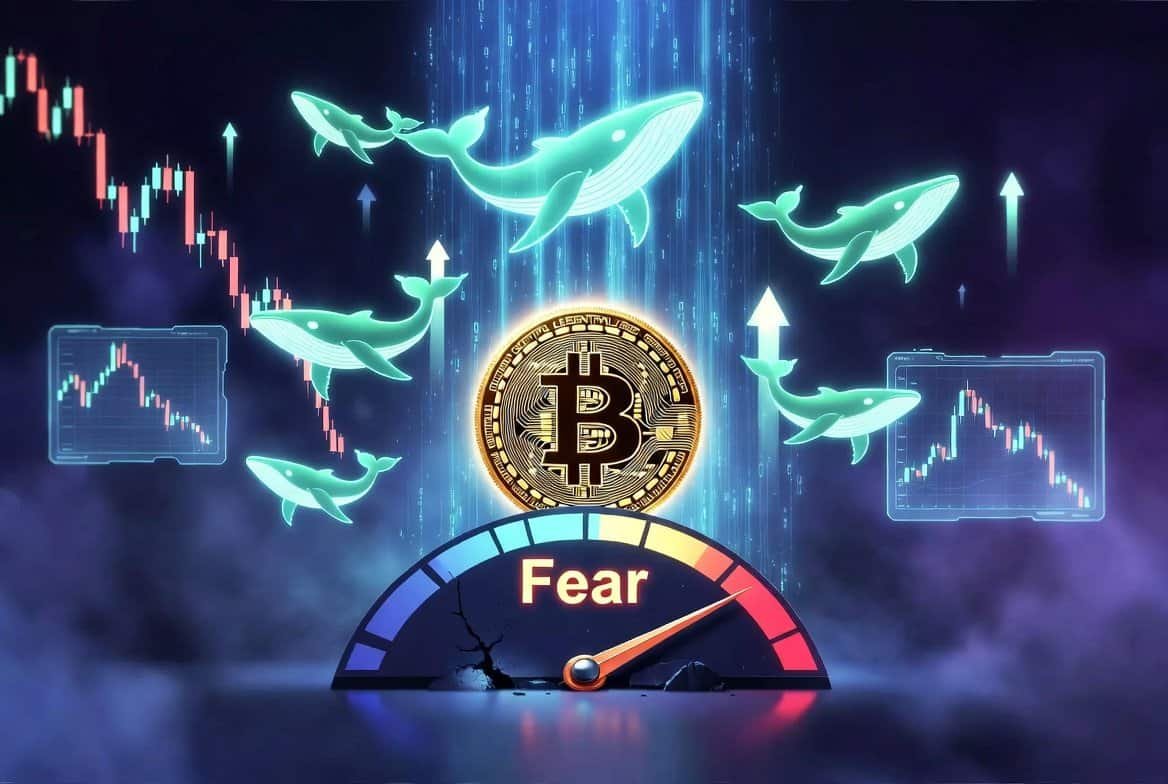 Bitcoin whale accumulation vs extreme fear - whales swimming upward around Bitcoin coin above a cracking Fear gauge