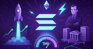 Solana logo with speed lines rocket launch institutional buildings and 1 million TPS speedometer