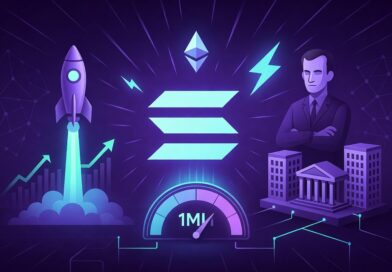 Solana logo with speed lines rocket launch institutional buildings and 1 million TPS speedometer