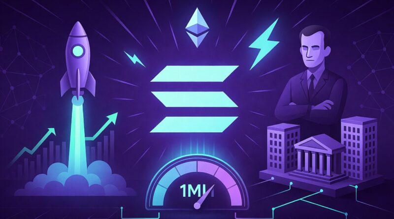 Solana logo with speed lines rocket launch institutional buildings and 1 million TPS speedometer