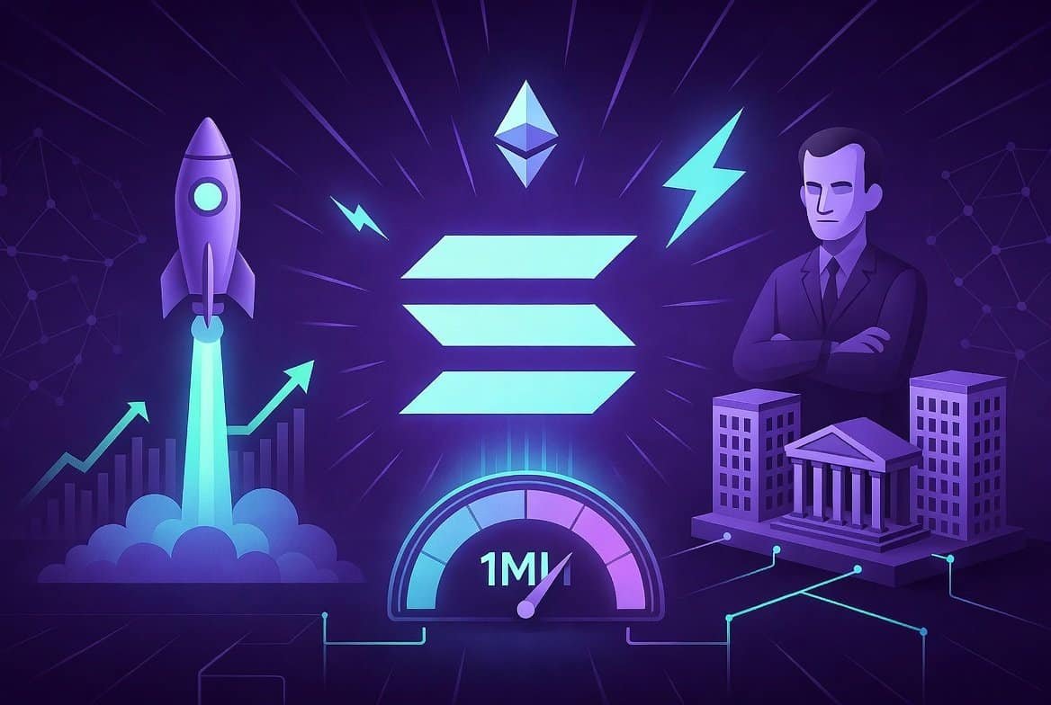 Solana logo with speed lines rocket launch institutional buildings and 1 million TPS speedometer