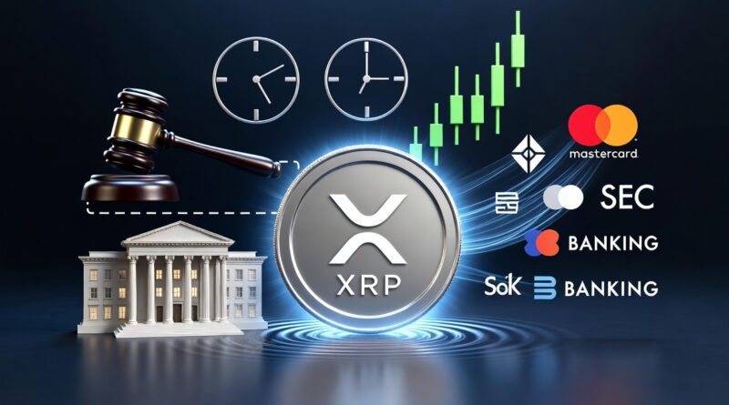 XRP token with ripple waves SEC gavel Mastercard integration and rising price charts