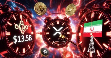 Three converging clocks representing options expiry XRP ETF deadline and Iran pause with Bitcoin and XRP tokens