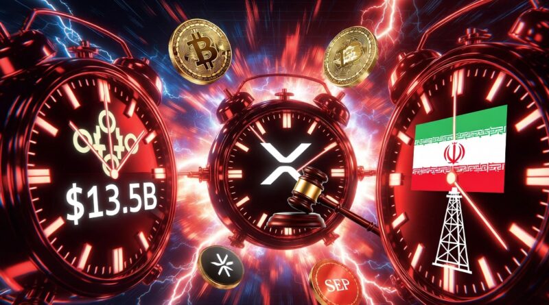 Three converging clocks representing options expiry XRP ETF deadline and Iran pause with Bitcoin and XRP tokens