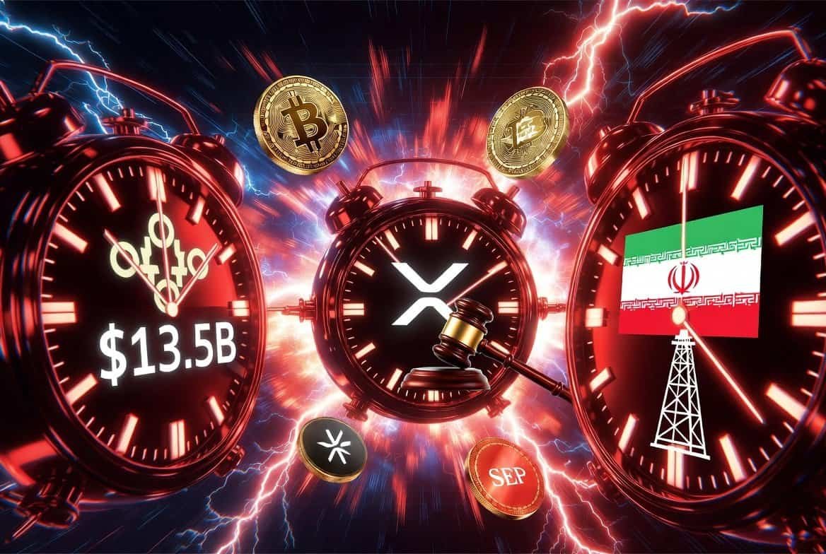 Three converging clocks representing options expiry XRP ETF deadline and Iran pause with Bitcoin and XRP tokens