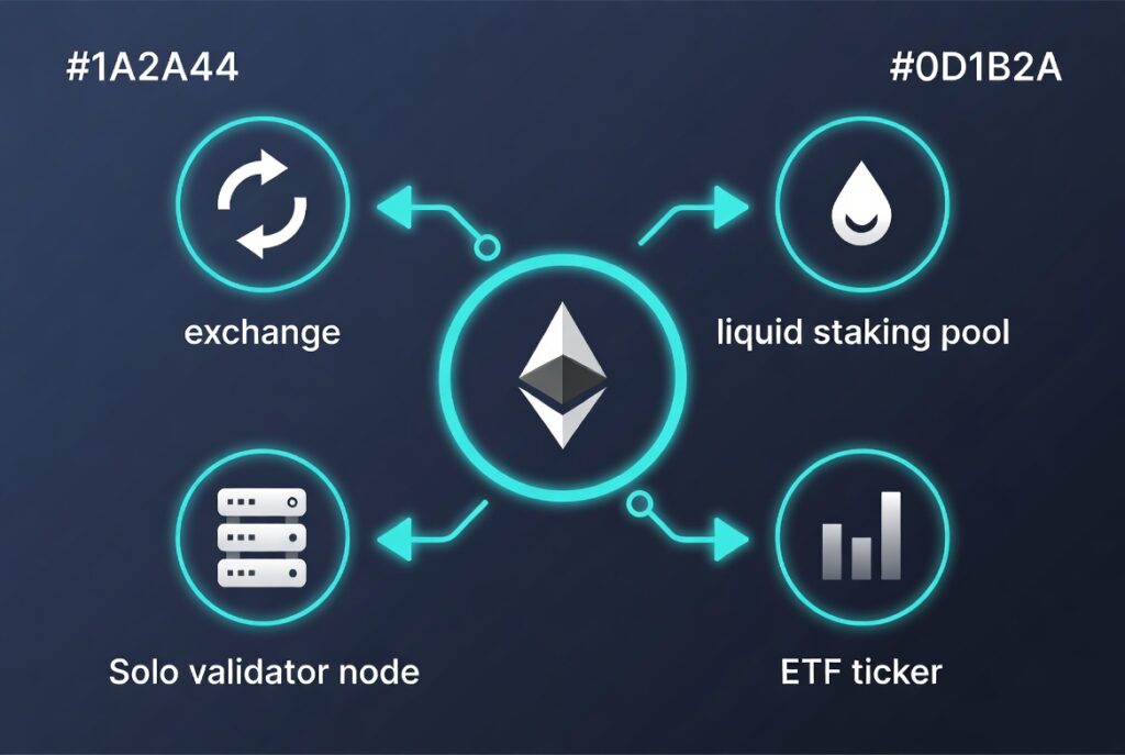 Ethereum staking methods infographic showing four paths: exchange staking, liquid staking pool, solo validator node, and ETF ticker