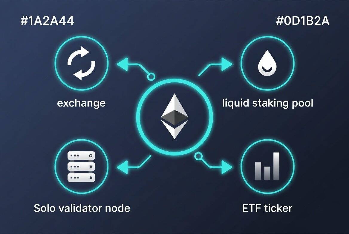 Ethereum staking methods infographic showing four paths: exchange staking, liquid staking pool, solo validator node, and ETF ticker