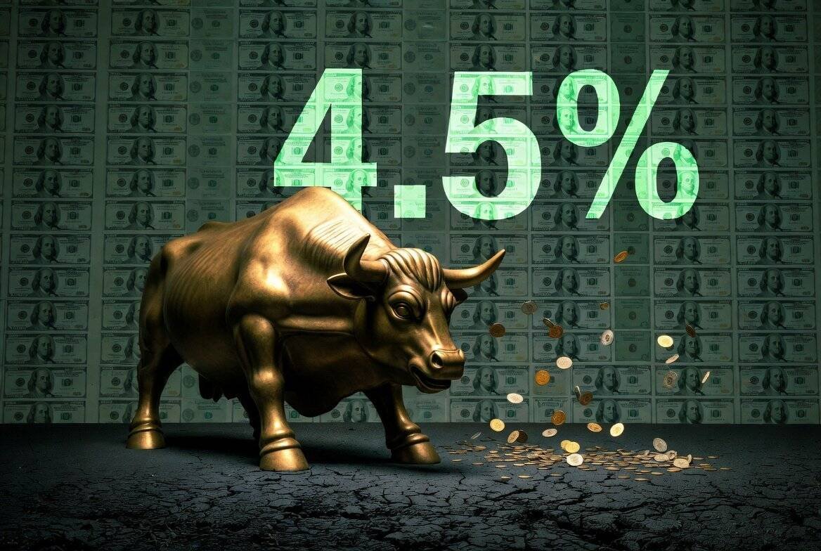 Golden bull statue with 4.5 percent Treasury yield and falling Bitcoin coins representing bond market versus crypto divergence