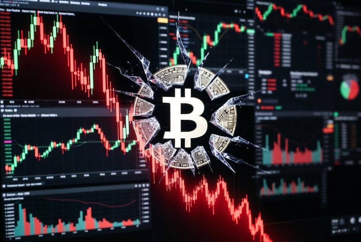 Bitcoin coin shattering through trading screens with red price charts, representing long-term holder capitulation