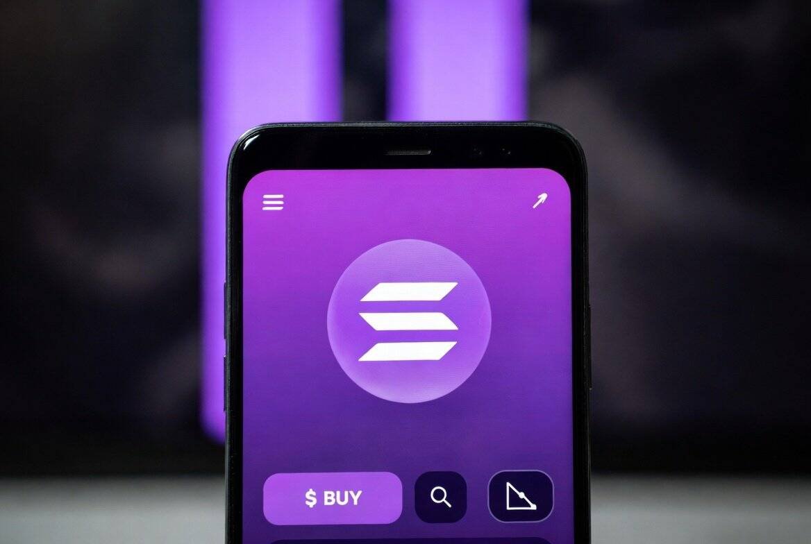 Smartphone displaying Solana SOL logo with purple gradient background and Buy button for purchasing cryptocurrency