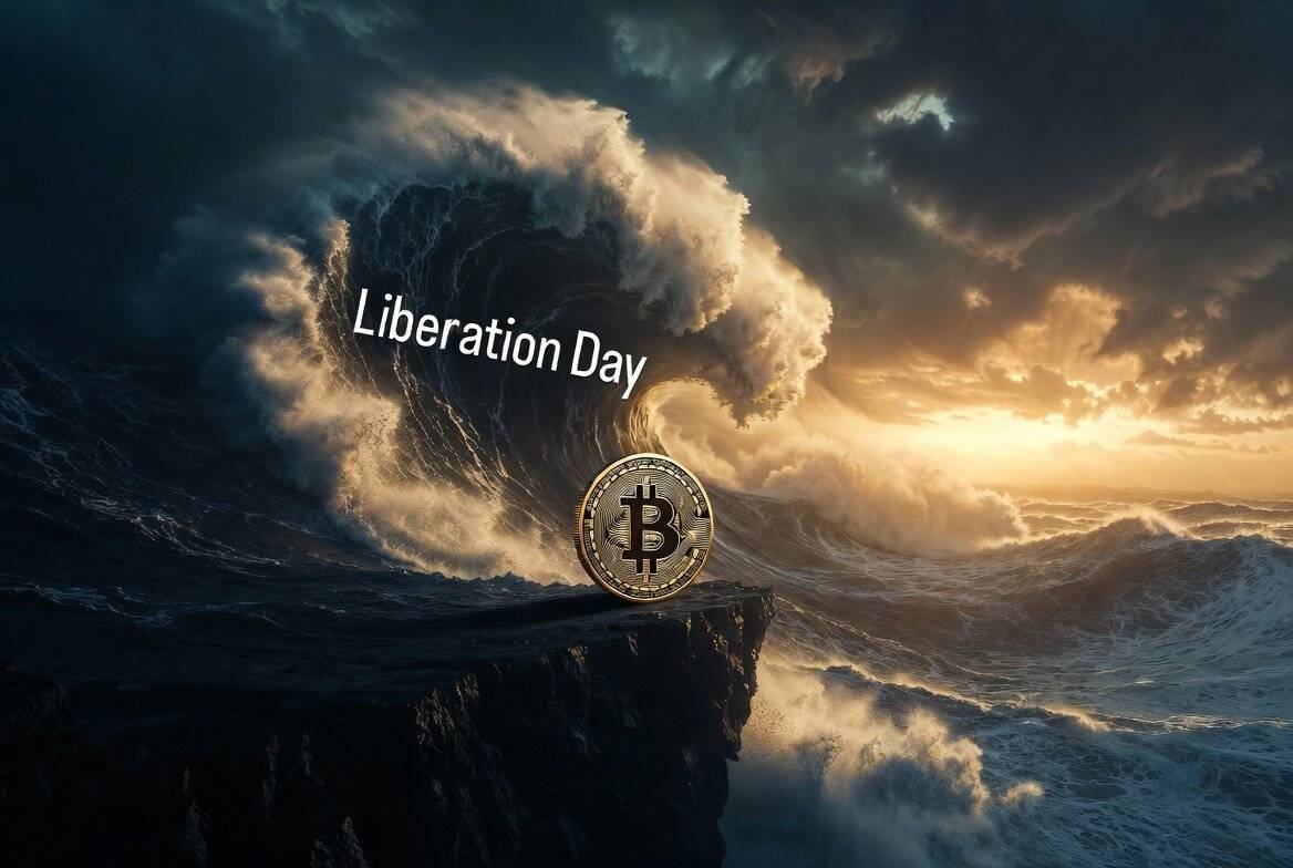 Bitcoin coin at edge of cliff with Liberation Day tsunami wave and golden sunrise breaking through storm clouds