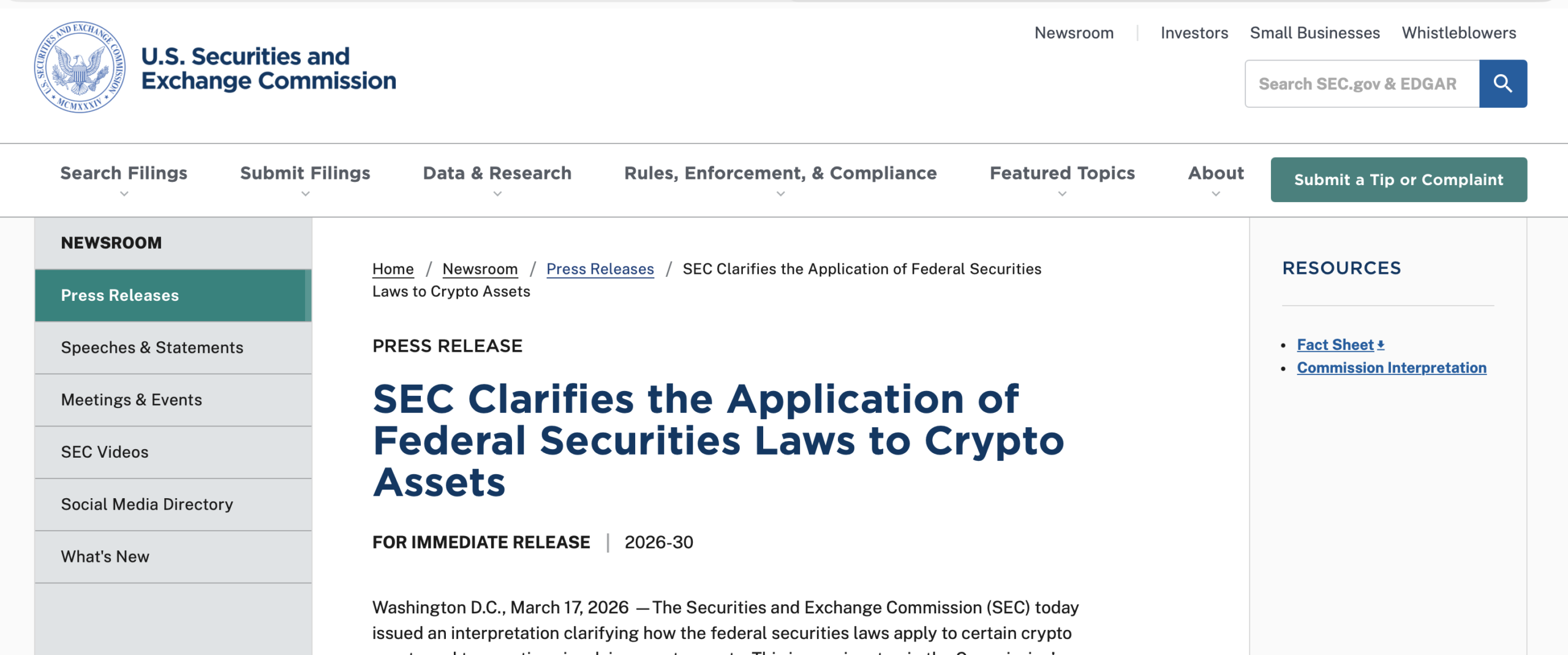 SEC press release - SEC Clarifies the Application of Federal Securities Laws to Crypto Assets, March 17 2026