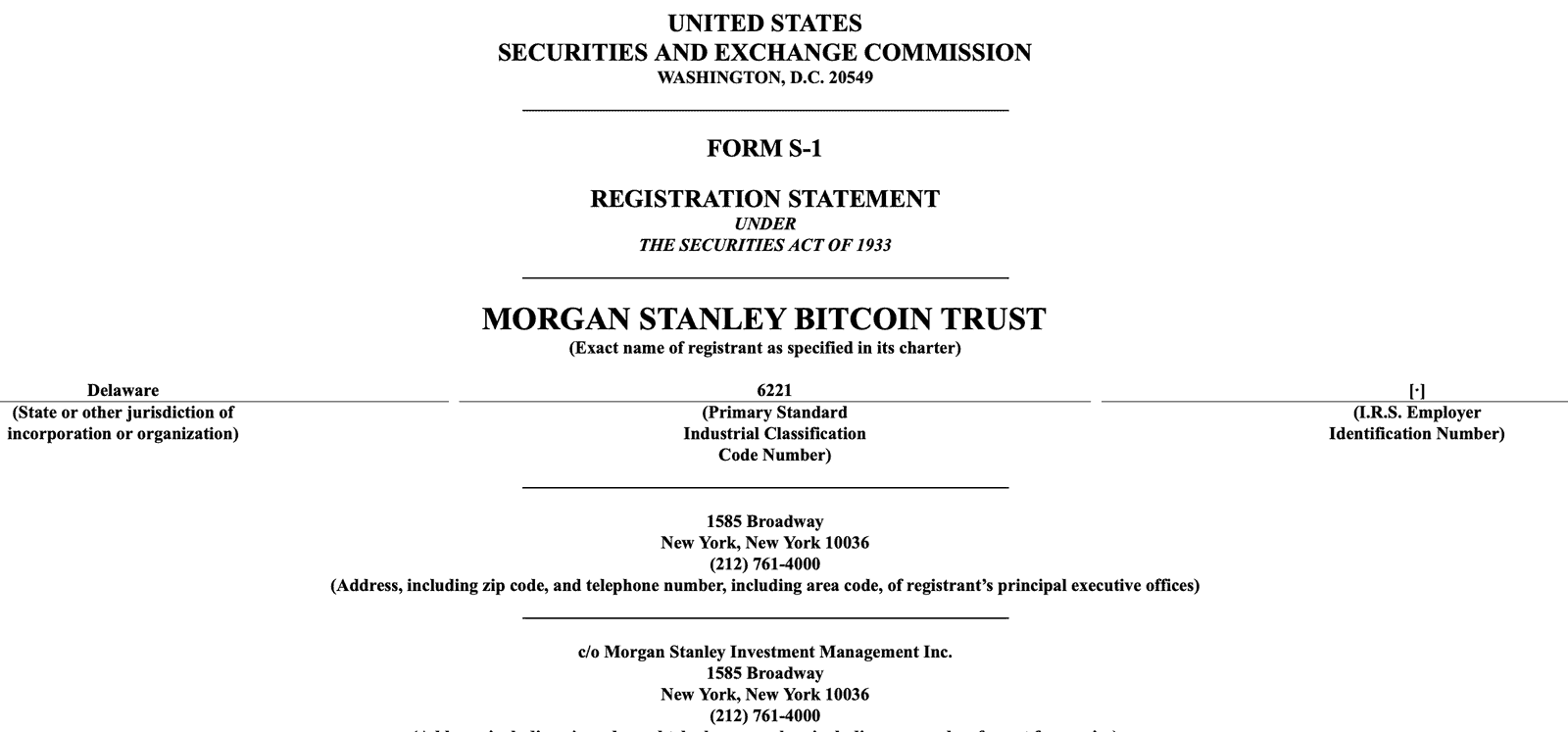 SEC Form S-1 Registration Statement for Morgan Stanley Bitcoin Trust