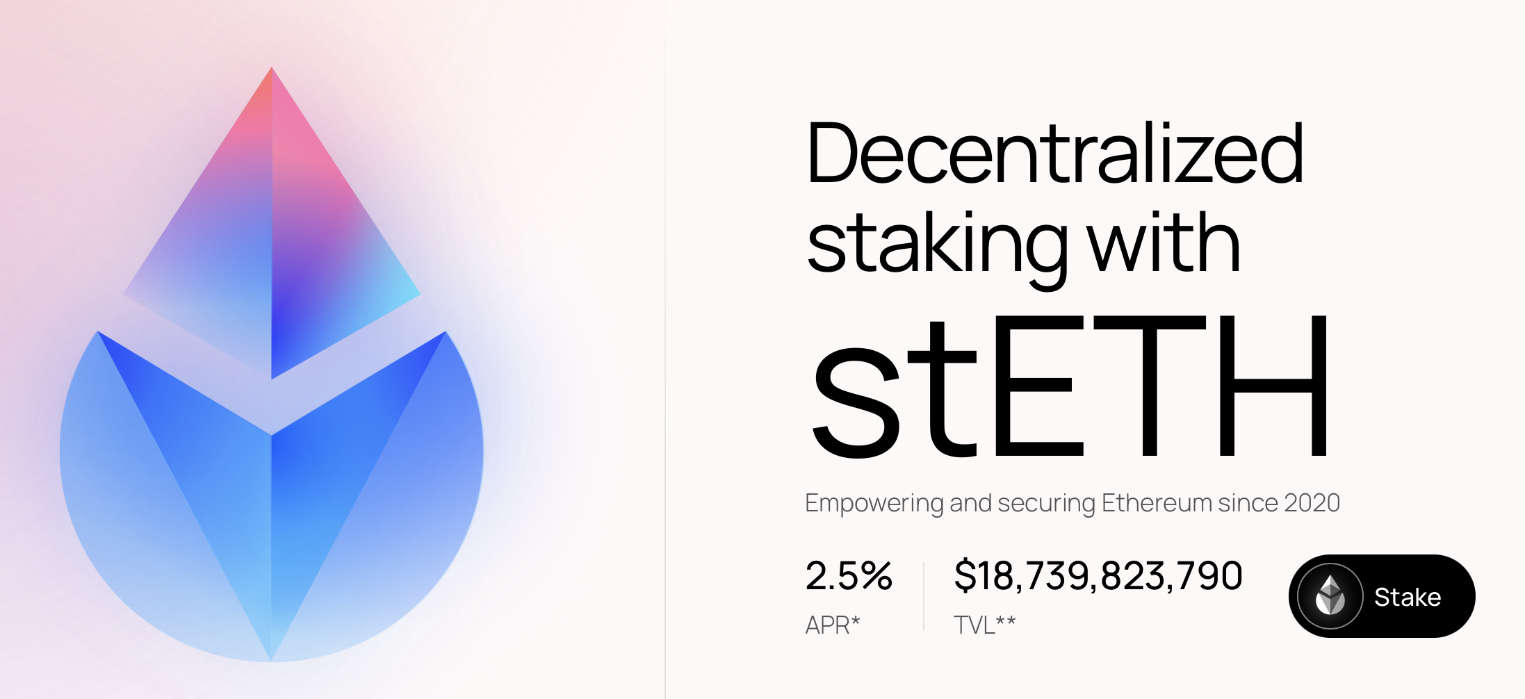 Lido Finance stETH staking page showing 2.5% APR and $18.7 billion total value locked for decentralized Ethereum staking