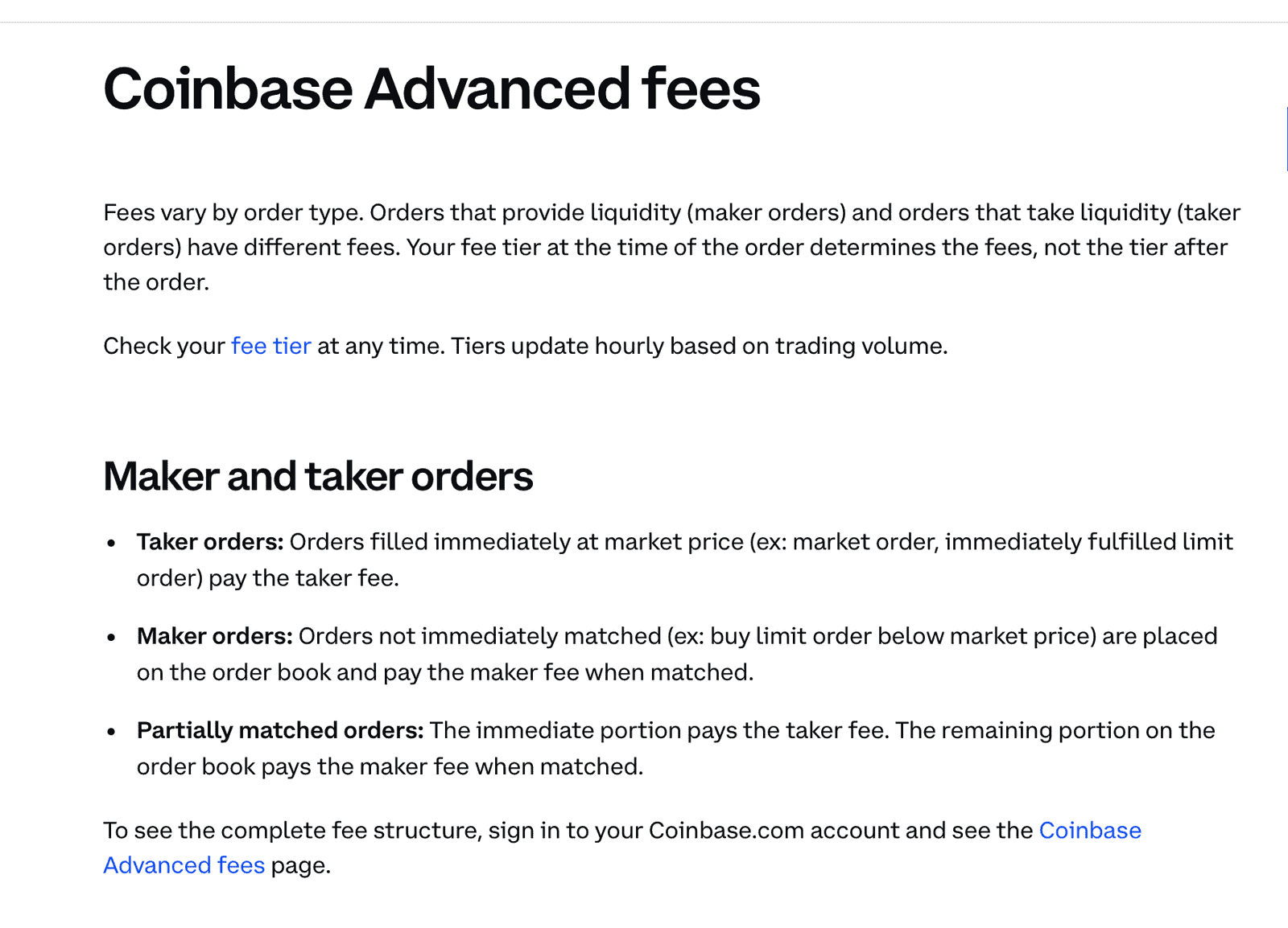 Coinbase Advanced fees page explaining maker and taker order types for the tiered fee structure