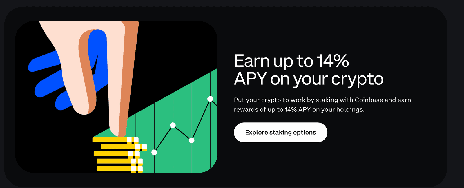 Coinbase staking promotion banner showing up to 14% APY on crypto staking with explore options button