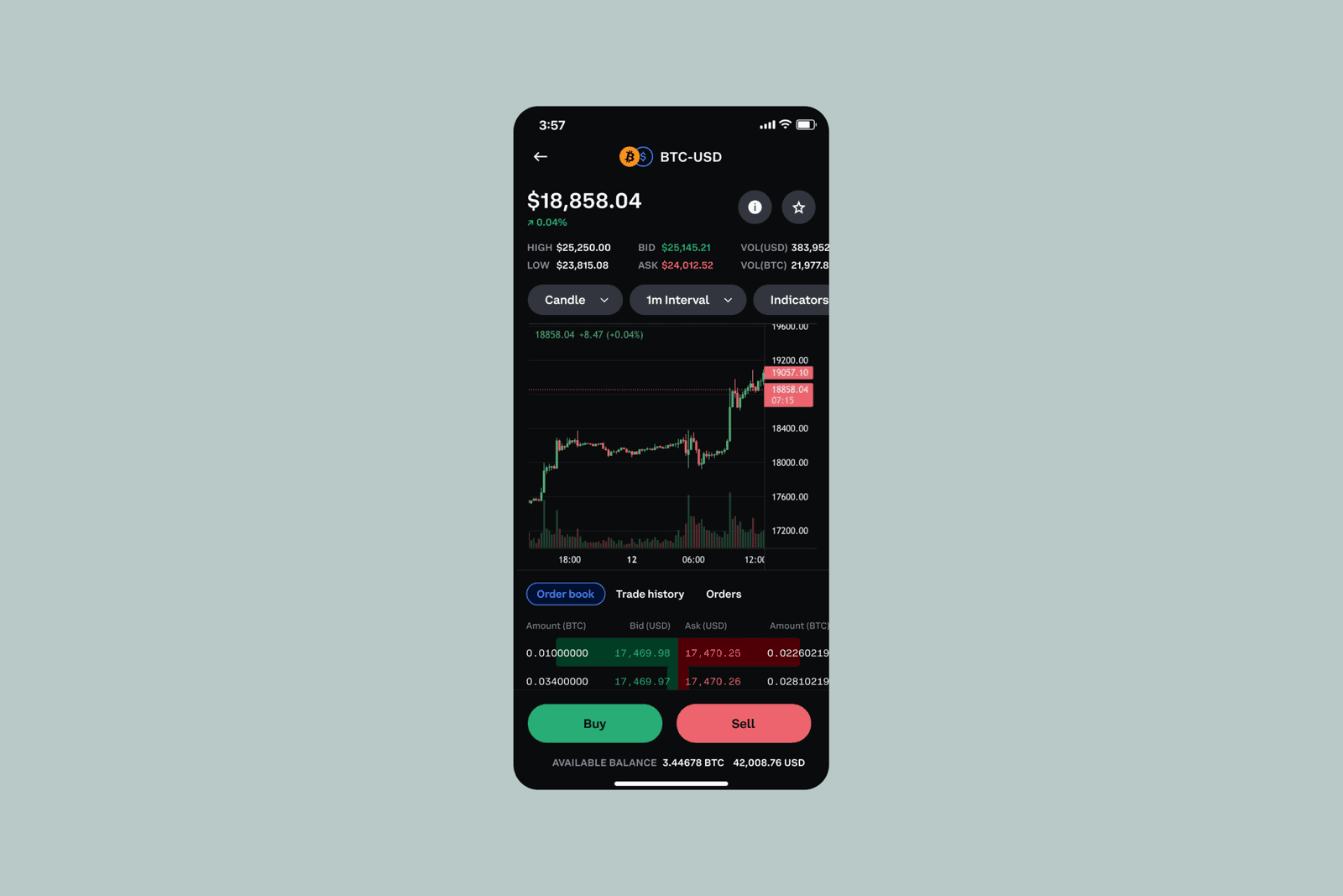 Coinbase Advanced Trade mobile interface showing BTC-USD candlestick chart and order book