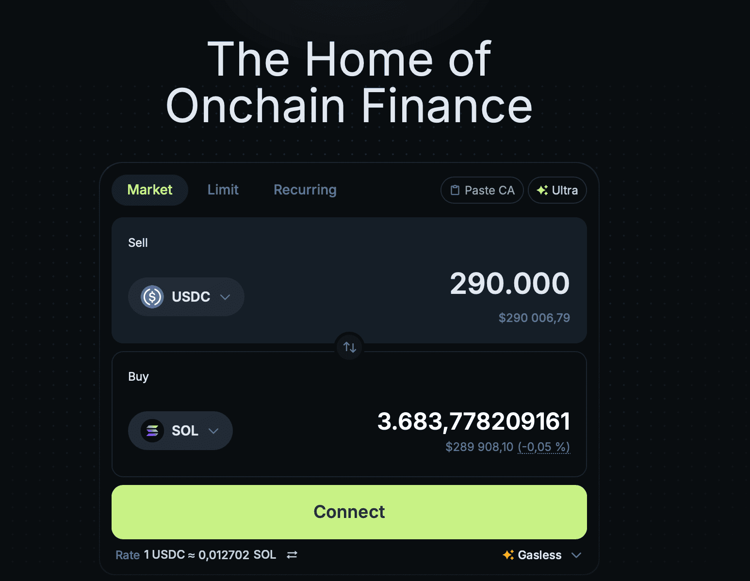 Jupiter DEX aggregator on Solana showing token swap with near-zero gas fees